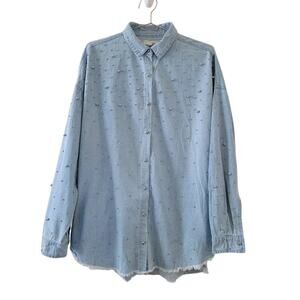 Jella C Embellished Denim Button Down Top Womens Size M Light Blue Silver Studs